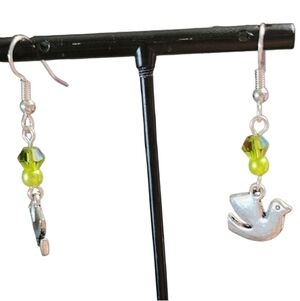 Silvertone Dove Earrings with Green Beads